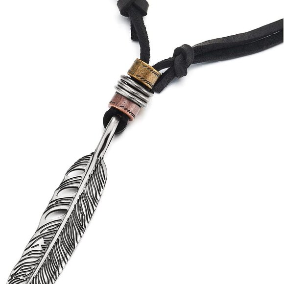 Retro Style Feather Pendant Unisex Necklace for Mens Womens with Adjustable Leat - Picture 1 of 4